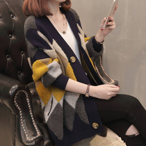 2021 Autumn New knitted cardigan female retro foreign style literary loose lazy wind thick color color sweater coat