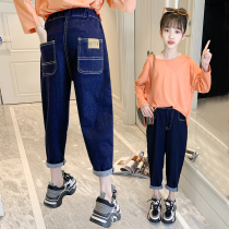 Girls jeans 2021 new autumn dress foreign style Korean version of the childrens loose trousers wear childrens pants spring and autumn