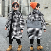 Childrens clothing boys down jacket 2021 new foreign style medium children long winter checkerboard white duck down jacket
