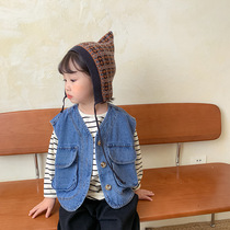  Trendy childrens denim vest Korean mens and womens childrens loose sleeveless jacket 2021 autumn baby fashion waistcoat