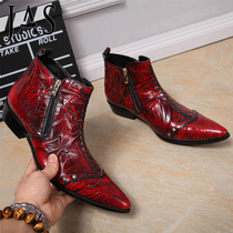 JAS mens pointed leather boots hair stylist short boots red Inn tide high help stage Martin boot personality genuine leather shoes