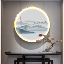 New Chinese style entrance door decorative painting Round Zen background wall with lamp Living room door Ink landscape painting mural