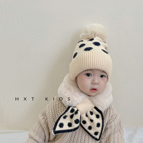 Children's hat scarf two-piece winter wave point fur ball knitted hat baby baby thick warm set winter