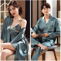 Couple nightgown silk spring and autumn pajamas female silk suspender nightgown two-piece summer thin mens ice silk bathrobe