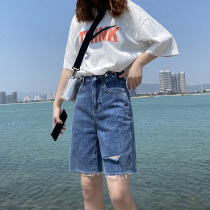 Hole five points denim shorts womens summer thin section 2021 new high waist thin loose straight tube riding pants