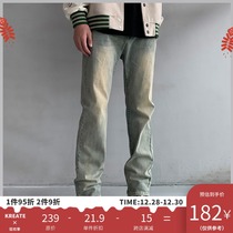 (Tide WOO exclusive) KREATE yellow mud dyed High Street washed old SLIM straight jeans men autumn and winter
