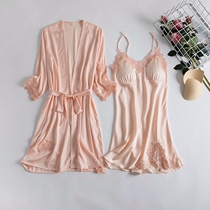 Real Silk Sleepwear Senior Sensation Woman Spring Autumn Sexy Harness Lace Lace With Chest Cushion Sleeping Dress Thin silk Sleeping robe Two sets