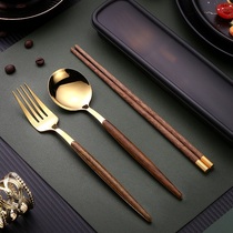 Tableware for one person to eat chopsticks spoon wooden tableware chicken wings wood chopsticks spoon Fork portable tableware three-piece set of office workers