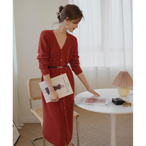 Autumn and winter New Classic small fragrant wind single-breasted waist slim knitted dress red tea break sweater long skirt women