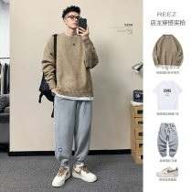 REEZ (shopkeeper wear and match) fake two sweater mens winter round neck loose knit solid color inner lining jacket