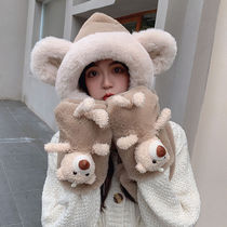 Cute bear hat scarf one female New 2021 net red winter Joker bib winter warm velvet hat
