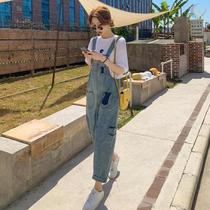 Denim straps pants female Korean version of loose straight tube 2020 Summer new slim body thin foreign style wide legs two pieces