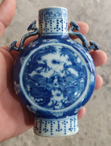 High imitation of the Kangxi Period of the Great Qing Dynasty Blue and white double dragon pattern ceramic small binaural flat bottle High imitation of the ancient Qing Dynasty ceramic small handle bottle