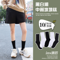 Socks womens mid-tube socks spring and summer thin black and white solid color long socks Pure cotton jk long tube pile socks summer ins tide