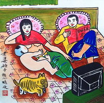 Bedside wife and child husband and wife love happy family Shaanxi Xian Huxian farmers painting size 25x25cm