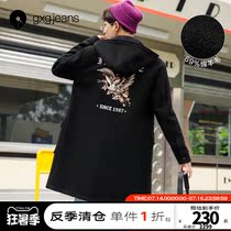 gxgjeans mens coat autumn and Winter fashion national tide crane embroidery medium-long hooded warm wool coat men