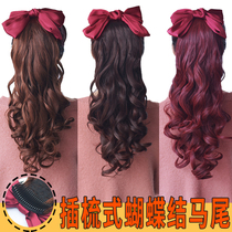 New ponytail wig female bow long curly hair plug comb type big wave pear flower roll strap Net red high ponytail