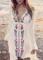 Seaside resort embroidery V-neck long sleeve sunscreen bikini swimsuit outside beach top slim dress