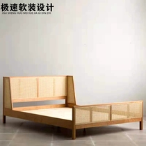 Nordic Japanese solid wood double bed Simple modern master bed American Country 1 8 wedding bed Vintage Rattan bed