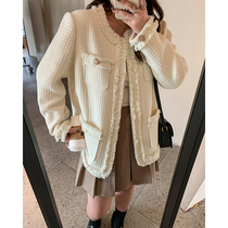 NAZ that size 2021 Autumn New pocket design feel lace top fat mm milk white small fragrant style jacket