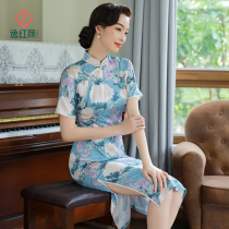  Yihongyan Xiaotinghua 2021 autumn new four-quarter sleeve chiffon printing retro literary and artistic improvement cheongsam dress