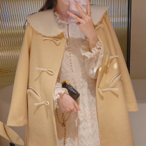 Glutinous rice home yellow woolen coat womens long 2021 autumn and winter handmade nail beads big lapel double cashmere coat
