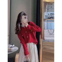 Glutinous rice home French retro little fragrance new year red sweater cardigan 100 wool soft glutinous spring and autumn foreign style