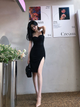 (Small Q Home) Black Sexy Sloped Open Fork Double Shoulder Dress Short Skirt Dress Sashimi 2022 New