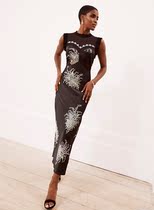 MintVelvet one-piece dress printed black long style dress with slim temperament bag hip skirt