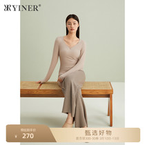 Yiner Rlife Autumn Winter New Knitted Leggings Womens Stretch Slim V-Neck Mesh Stitching Cup Top