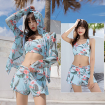 Swimsuit sky blue womens four-piece conservative cover belly thin 2020 new fairy fan in wind Japanese split long sleeves