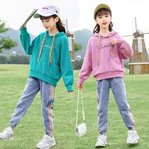 Girls Spring and Autumn Denim Set Foreign Casual Big Boy 2021 New Letter Hooded Sweatshirt Fashion Two-Piece Set