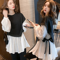 Pregnant womens autumn top womens 2021 fashion sweater stitching fake two-piece mid-length skirt belly pants pregnant womens suit