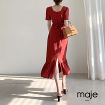 MAJE KARA solid color large size 2021 summer new red fashion waist over the knee sexy fishtail dress female