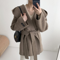 Double-sided cashmere coat womens short 2021 new autumn winter hooded loose hair cloak small woolen cloth coat