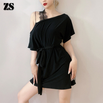 Latin dance skirt loose split dance practice short sleeve simple strapless lace black practice dress L369