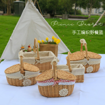 Outdoor spring picnic basket small basket ins bamboo basket woven portable rattan pastoral with cover storage lolita basket