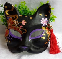 Hand painted Japanese kimono black cat fox mask luxury Flower Moon Night hand drawn and style antique cosplay cherry blossoms
