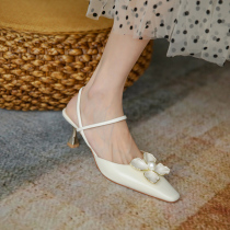 ann it moment young ~ 2022 Pearl Flowers Genuine Leather Custard Fine Heel Sandal Baotou High heel Shoe 6CM