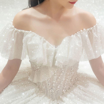 Word shoulder wedding dress 2021 new bridal temperament court style large size tail luxury summer main yarn fairy dress