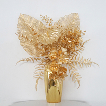 Light luxury golden simulation flower Phalaenopsis dried flower lotus New Year wedding blessing bucket decoration Gold Leaf Vase ornaments