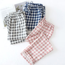 Plaid Sleeping Pants Lady Long Pants Men Pure Cotton Summer Spring Thin couple All cotton double layer gauze casual home pants