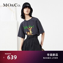 MOCO2021 winter New watercolor fawn slogan print short sleeve cotton loose simple T-shirt Moanke