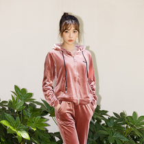 Huilan gold velvet sports suit women Spring and Autumn big brand leisure morning running step solid color hooded two-piece Loose