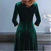 Green gold dress autumn dress Korean version of 2019 New temperament high-end V collar slim waist nail bead A- line dress