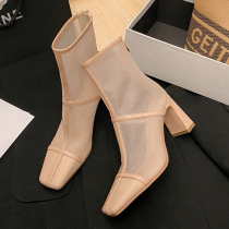 Thin Martin Boots Woman Genuine Leather Mesh Yarn Coarse Heel Cool Boots 2022 Summer Hollowed-out Web Face Short Boots Breathable High Heel Mesh Boots