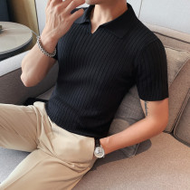 Summer mens slim fashion V-neck knitted short-sleeved Polo shirt Youth Fashion Striped ice silk lapel T-shirt base