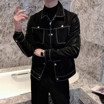 Leather clothing mens line jacket 2021 autumn new mens lapel coat leather jacket fashion slim gown