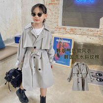 Girls Spring and Autumn Mid-term Windbreaker Jacket 3-year-old 4 children Korean version of British style loose lace-up coat big boy