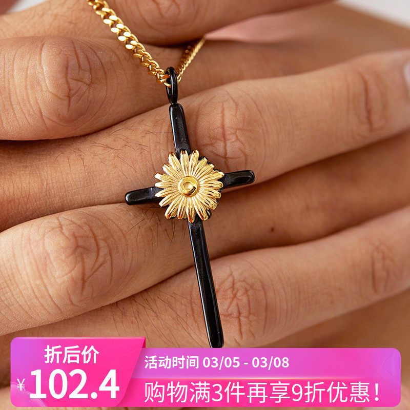 ROADLATIVE original design country tide accessories titanium steel black gold chrysanthemum cross pendant couple necklace man